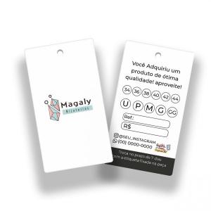 Tags Personalizadas 5x9cm Couchê 250g 5x9cm colorido frente e verso 4x4 Verniz UV Total + Furo Corte e Vinco 